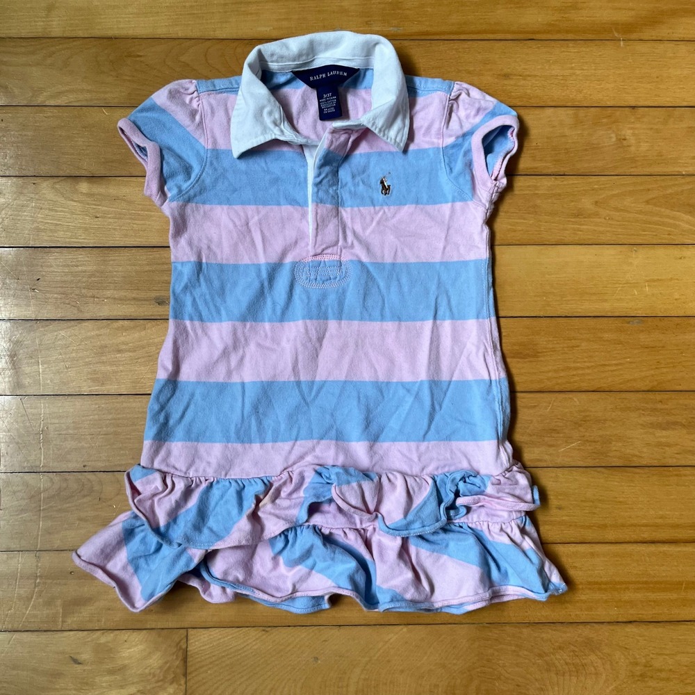 Ralph Lauren Girls 3T Pink Blue Striped Ruffle Polo Dress Short Sleeve Cotton